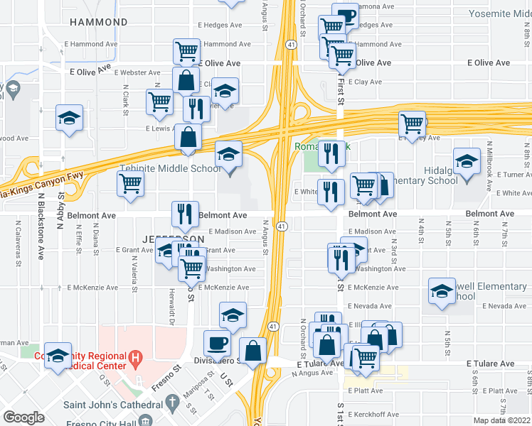 map of restaurants, bars, coffee shops, grocery stores, and more near E Belmont Ave & N Angus St in Fresno