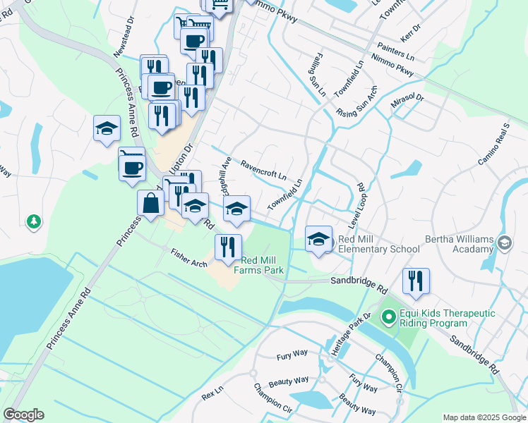 map of restaurants, bars, coffee shops, grocery stores, and more near 2581 Townfield Lane in Virginia Beach