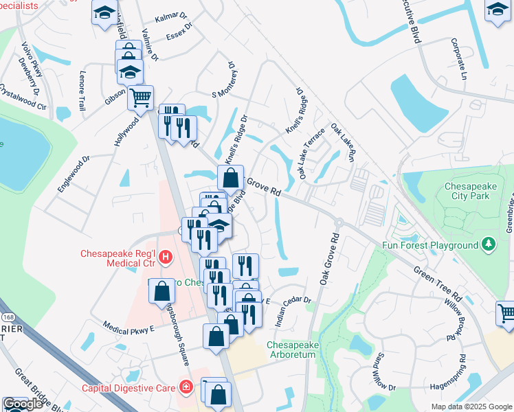 map of restaurants, bars, coffee shops, grocery stores, and more near 310 Nottaway Court in Chesapeake
