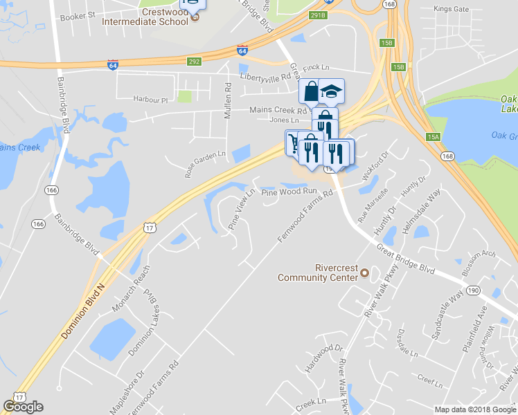 map of restaurants, bars, coffee shops, grocery stores, and more near 613 Pine Bend in Chesapeake