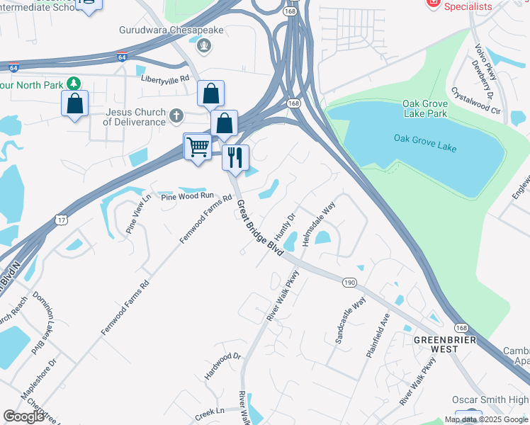 map of restaurants, bars, coffee shops, grocery stores, and more near 610 Rue Marseille in Chesapeake