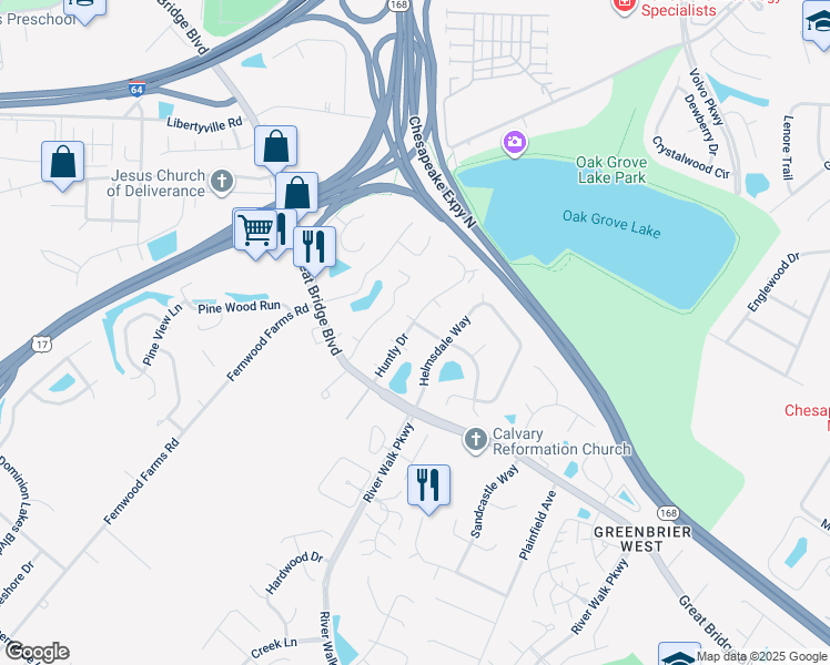 map of restaurants, bars, coffee shops, grocery stores, and more near 717 Sutherland Drive in Chesapeake