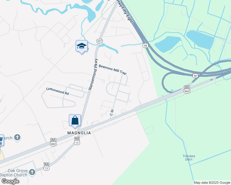 map of restaurants, bars, coffee shops, grocery stores, and more near 1177 C Street in Suffolk