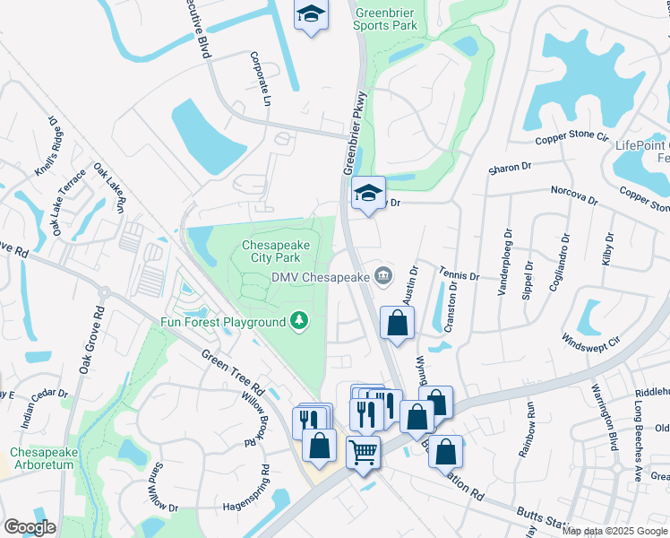 map of restaurants, bars, coffee shops, grocery stores, and more near 501 Windward Drive in Chesapeake