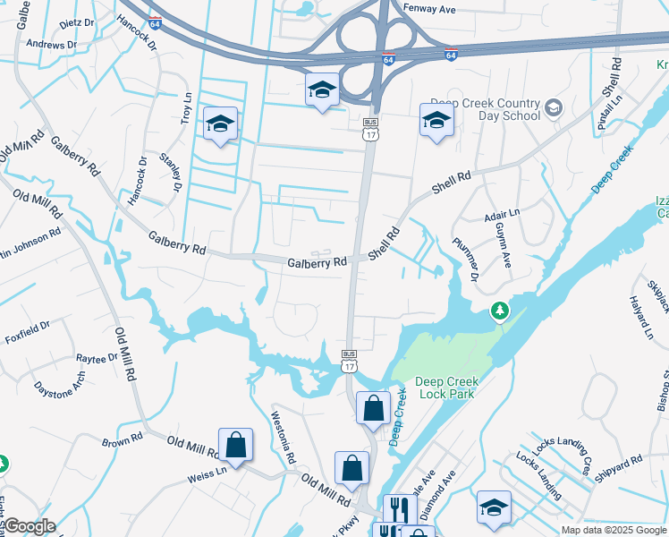 map of restaurants, bars, coffee shops, grocery stores, and more near 2821 Old Galberry Road in Chesapeake