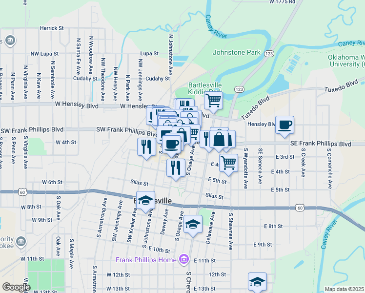 map of restaurants, bars, coffee shops, grocery stores, and more near 328 Dewey Avenue in Bartlesville