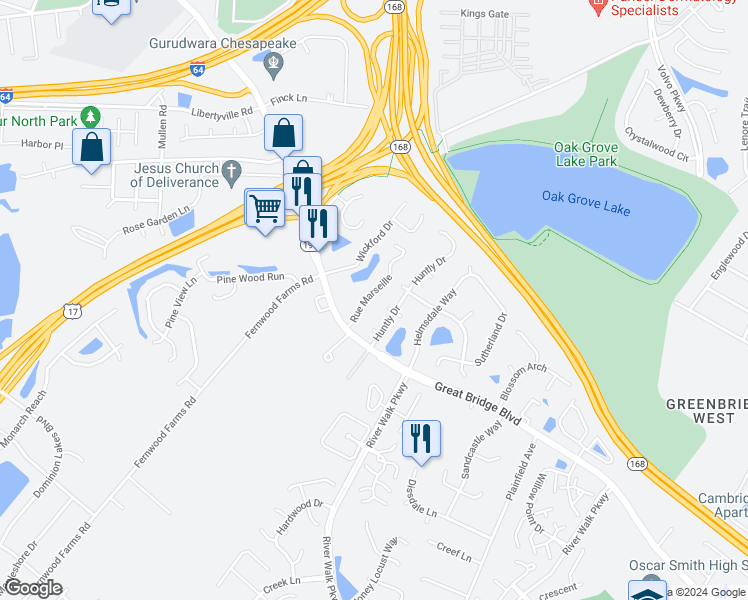 map of restaurants, bars, coffee shops, grocery stores, and more near 711 Rue Marseille in Chesapeake
