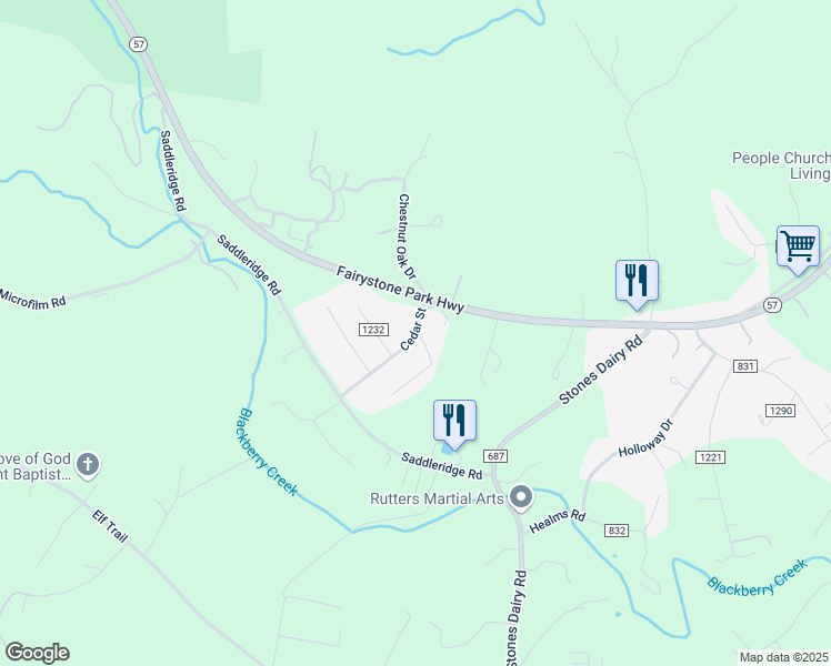 map of restaurants, bars, coffee shops, grocery stores, and more near 1 Peach Court in Bassett