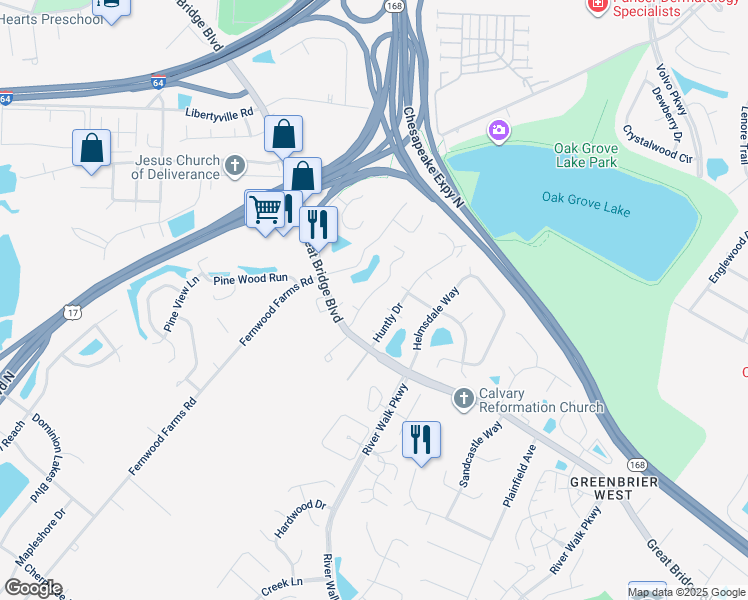 map of restaurants, bars, coffee shops, grocery stores, and more near 711 Rue Marseille in Chesapeake