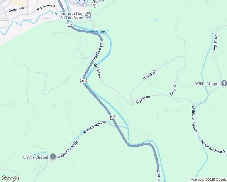 map of restaurants, bars, coffee shops, grocery stores, and more near 4547 Big Hill Road in Pennington Gap
