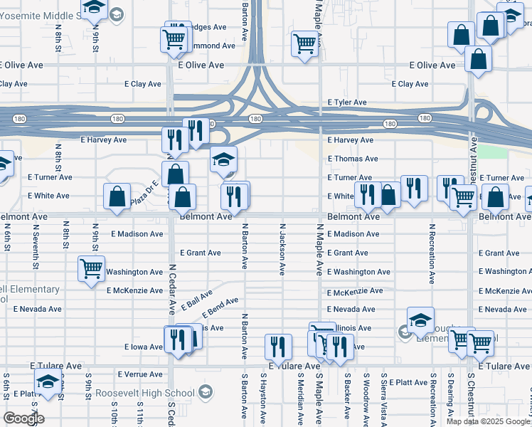 map of restaurants, bars, coffee shops, grocery stores, and more near 4525 E Belmont Ave in Fresno