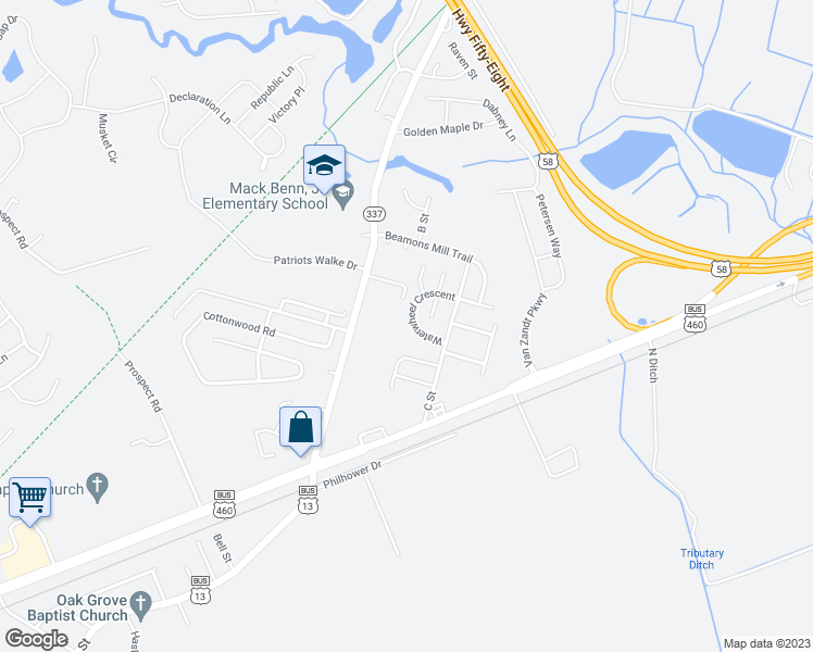 map of restaurants, bars, coffee shops, grocery stores, and more near 418 Waterwheel Crescent in Suffolk