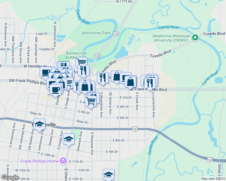 map of restaurants, bars, coffee shops, grocery stores, and more near 706 East 3rd Street in Bartlesville