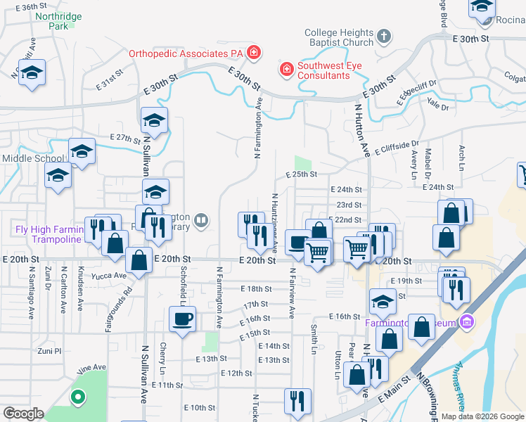 map of restaurants, bars, coffee shops, grocery stores, and more near 2115 North Huntzinger Avenue in Farmington
