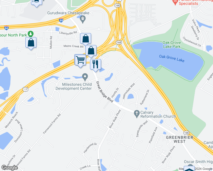 map of restaurants, bars, coffee shops, grocery stores, and more near 618 Rue Marseille in Chesapeake