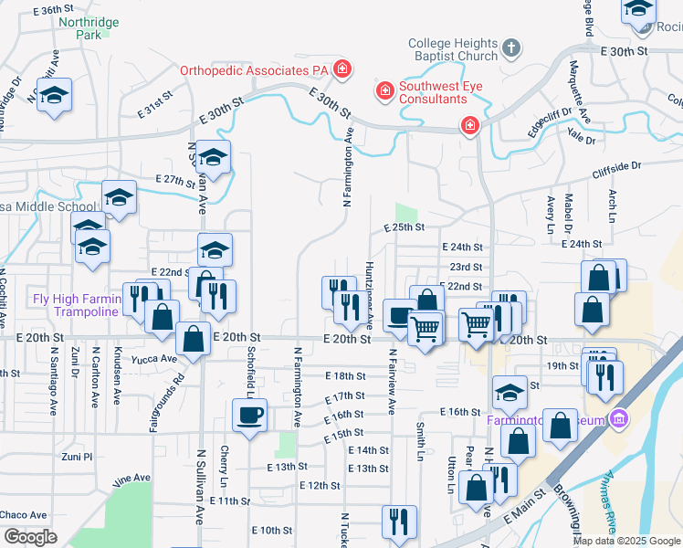 map of restaurants, bars, coffee shops, grocery stores, and more near 2115 North Huntzinger Avenue in Farmington