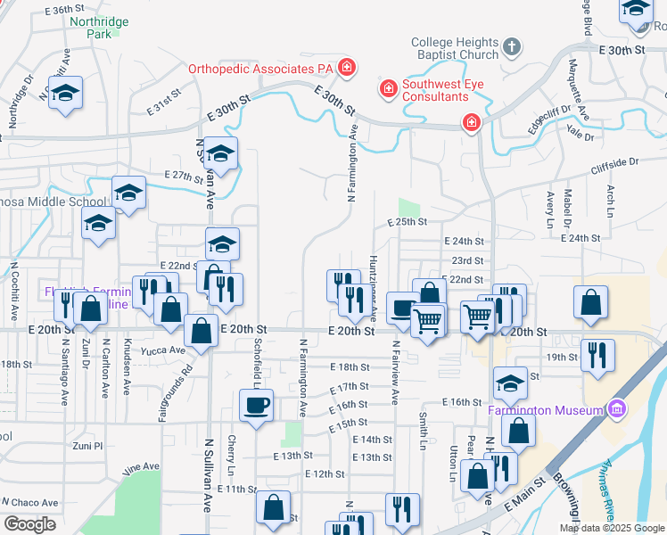 map of restaurants, bars, coffee shops, grocery stores, and more near 2105 North Tucker Avenue in Farmington