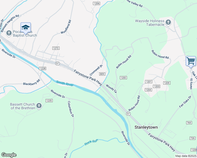 map of restaurants, bars, coffee shops, grocery stores, and more near 2194 Fairystone Park Highway in Bassett