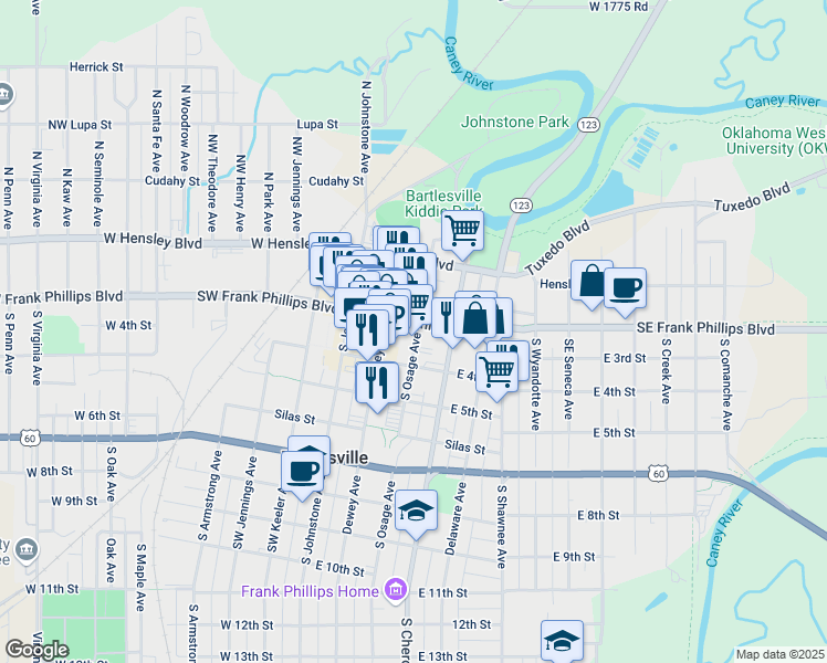 map of restaurants, bars, coffee shops, grocery stores, and more near 316 South Osage Avenue in Bartlesville