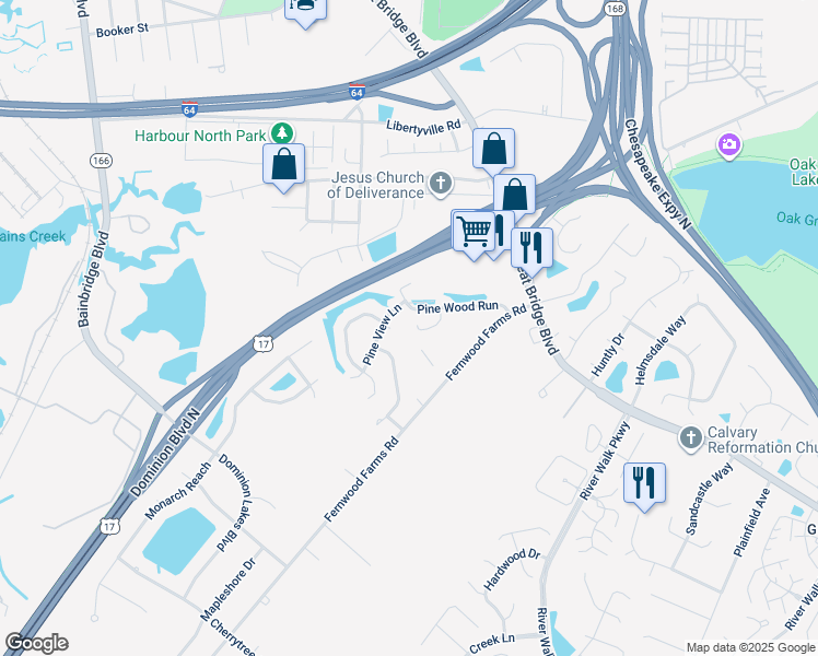 map of restaurants, bars, coffee shops, grocery stores, and more near 611 Pine Bend in Chesapeake