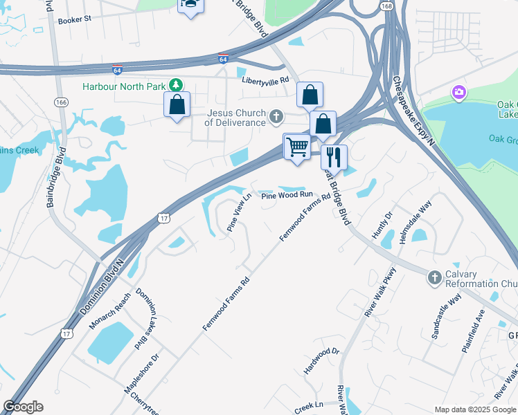 map of restaurants, bars, coffee shops, grocery stores, and more near 611 Pine Bend in Chesapeake
