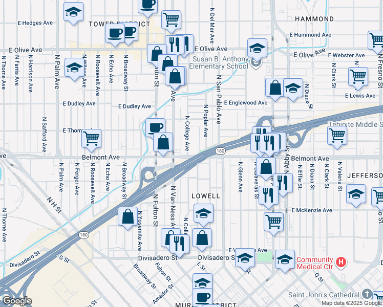 map of restaurants, bars, coffee shops, grocery stores, and more near in Fresno