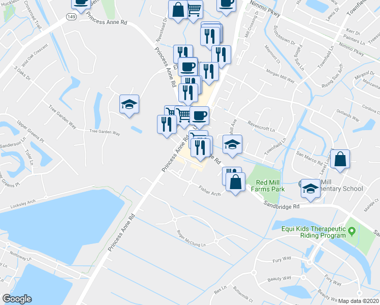 map of restaurants, bars, coffee shops, grocery stores, and more near 2005 Sandbridge Road in Virginia Beach