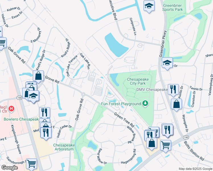 map of restaurants, bars, coffee shops, grocery stores, and more near 636 Sweet Leaf Place in Chesapeake