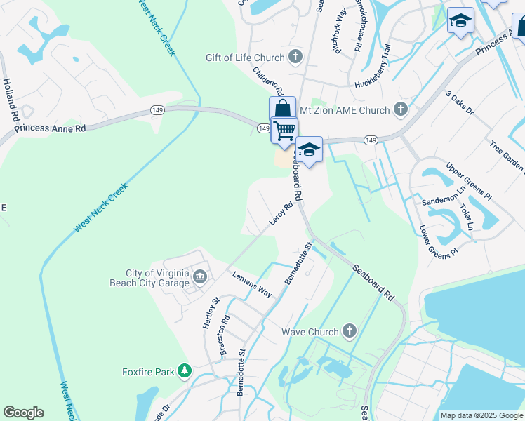 map of restaurants, bars, coffee shops, grocery stores, and more near 2541 Leroy Road in Virginia Beach