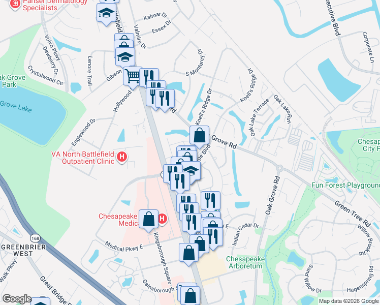 map of restaurants, bars, coffee shops, grocery stores, and more near 880 Beech Tree Road in Chesapeake