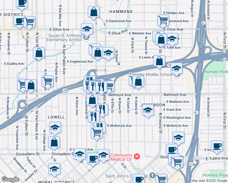 map of restaurants, bars, coffee shops, grocery stores, and more near in Fresno