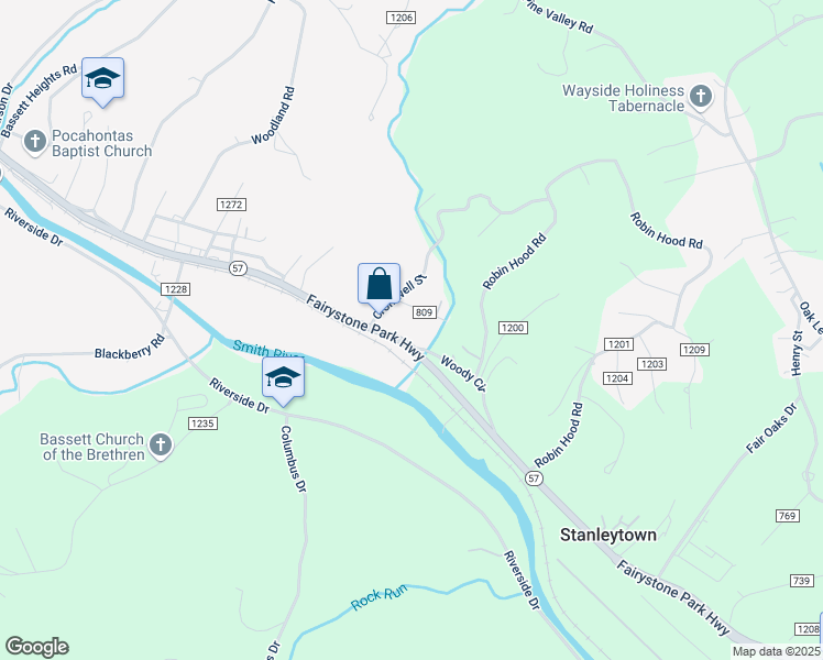 map of restaurants, bars, coffee shops, grocery stores, and more near 2194 Fairystone Park Highway in Bassett