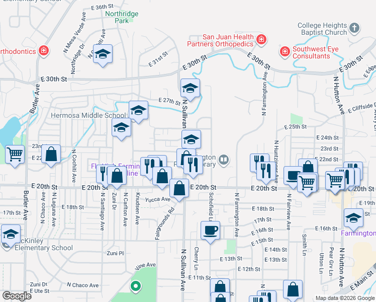 map of restaurants, bars, coffee shops, grocery stores, and more near 1730 East 21st Street in Farmington