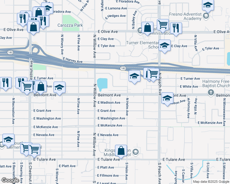 map of restaurants, bars, coffee shops, grocery stores, and more near 5074 East Belmont Avenue in Fresno