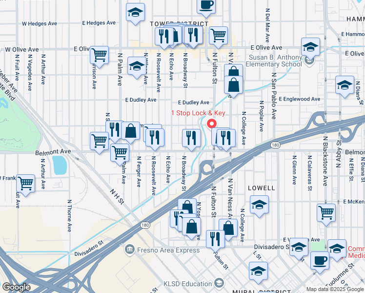 map of restaurants, bars, coffee shops, grocery stores, and more near in Fresno