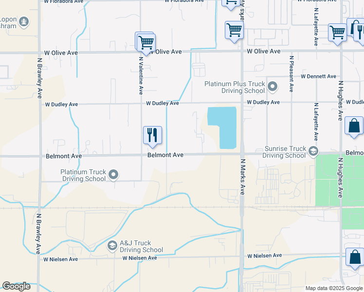 map of restaurants, bars, coffee shops, grocery stores, and more near 3245 West Belmont Avenue in Fresno