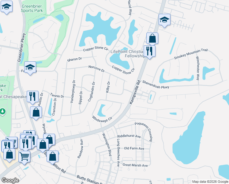 map of restaurants, bars, coffee shops, grocery stores, and more near 1102 Windswept Circle in Chesapeake