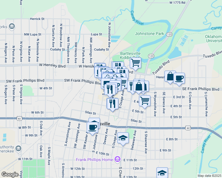 map of restaurants, bars, coffee shops, grocery stores, and more near 328 Dewey Avenue in Bartlesville