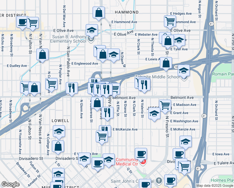 map of restaurants, bars, coffee shops, grocery stores, and more near in Fresno