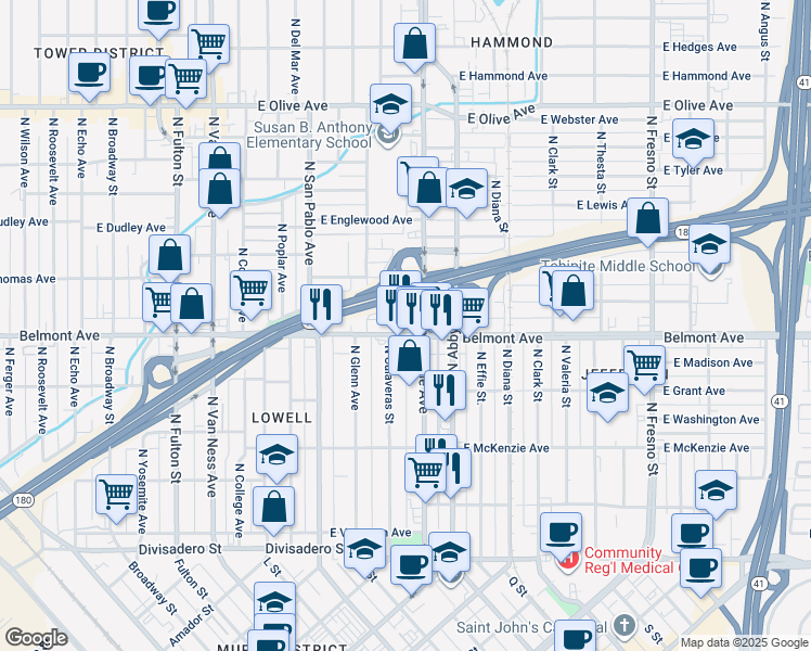 map of restaurants, bars, coffee shops, grocery stores, and more near 2 Belmont Avenue in Fresno