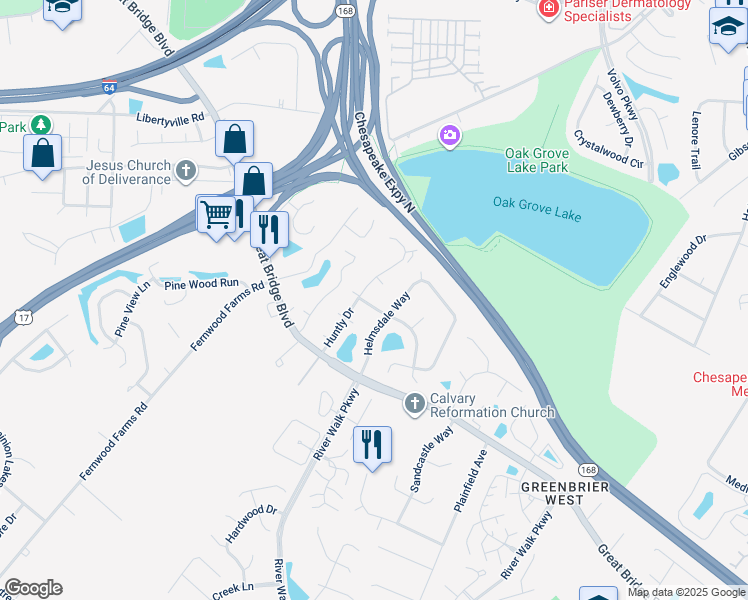 map of restaurants, bars, coffee shops, grocery stores, and more near 708 Sutherland Drive in Chesapeake