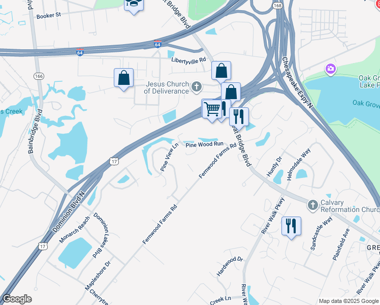 map of restaurants, bars, coffee shops, grocery stores, and more near 610 Pine Bend in Chesapeake