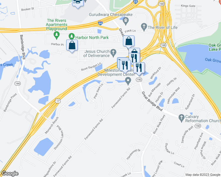map of restaurants, bars, coffee shops, grocery stores, and more near 610 Pine Bend in Chesapeake