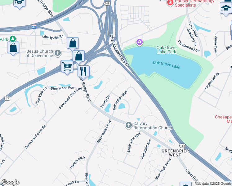 map of restaurants, bars, coffee shops, grocery stores, and more near 708 Sutherland Drive in Chesapeake