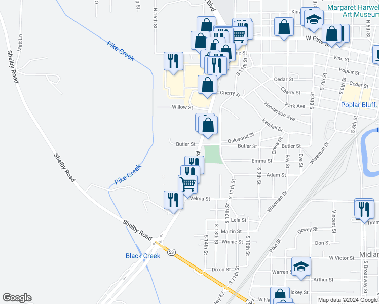 map of restaurants, bars, coffee shops, grocery stores, and more near 801 Butler Street in Poplar Bluff