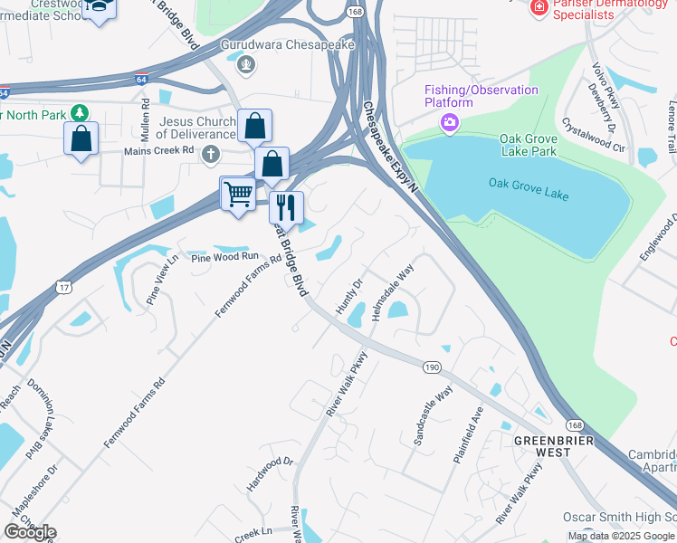 map of restaurants, bars, coffee shops, grocery stores, and more near 715 Rue Marseille in Chesapeake