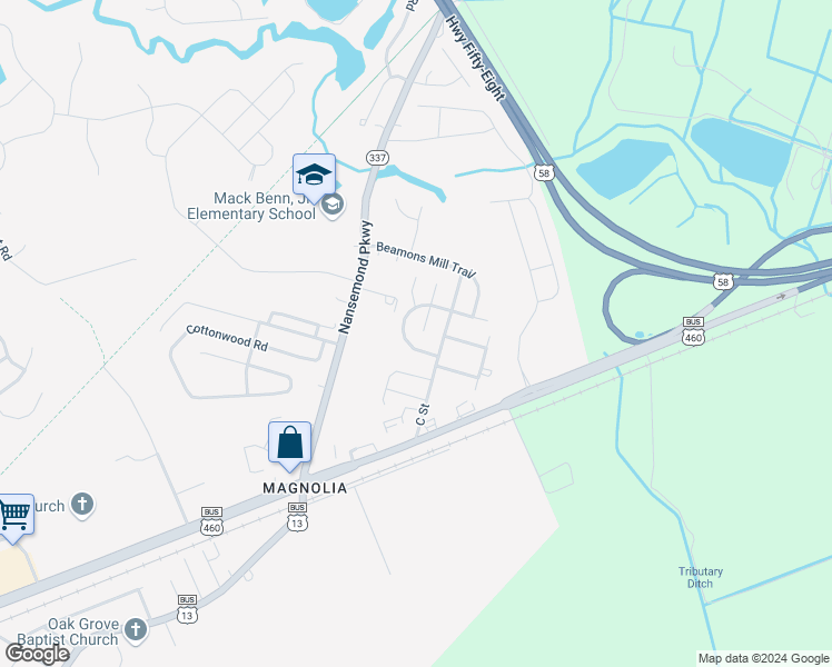 map of restaurants, bars, coffee shops, grocery stores, and more near 308 Millstone Court in Suffolk