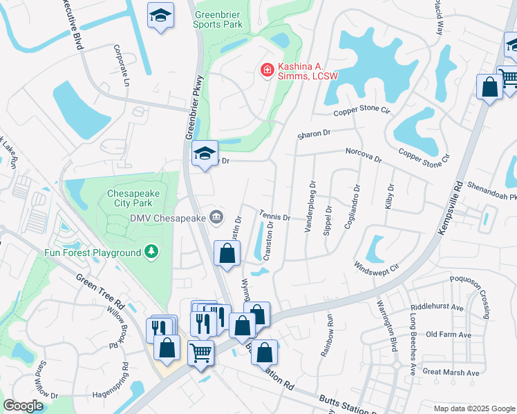 map of restaurants, bars, coffee shops, grocery stores, and more near 524 Tennis Drive in Chesapeake