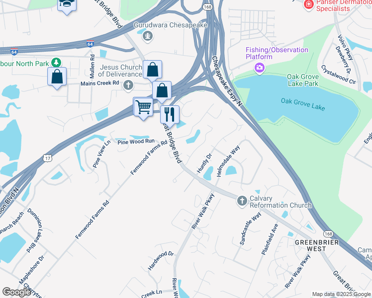 map of restaurants, bars, coffee shops, grocery stores, and more near 845 Great Bridge Boulevard in Chesapeake