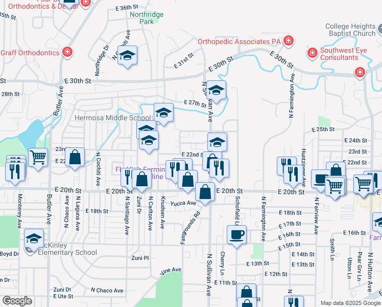 map of restaurants, bars, coffee shops, grocery stores, and more near 1712 East 22nd Street in Farmington